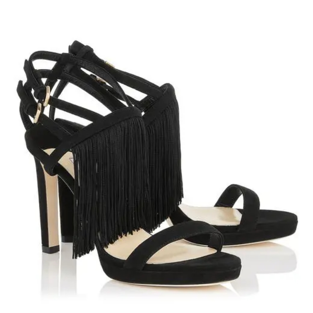 Jimmy Choo Black Strappy Fringe Heels